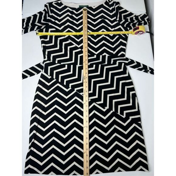 RALPH LAUREN BLACK & WHITE CHEVRON PRINT DRESS W/TIE All-Season Size 16 - Picture 4 of 12